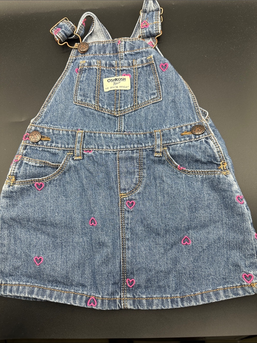 OSHKOSH DENIM BIB VESTBAK Overall Jumper Dress W/ Embroidered Pink Hearts 2T
